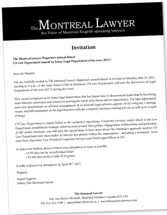 CN Law Department named In-house Legal Department of the year (2017)