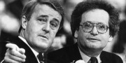 Prime Minister Brian Mulroney gestures as Stanley Hartt, Chair of the Advisory Committee on the National Economic Conference, looks on in Ottawa on March 22, 1985. The Canadian Press/Ron Poling
