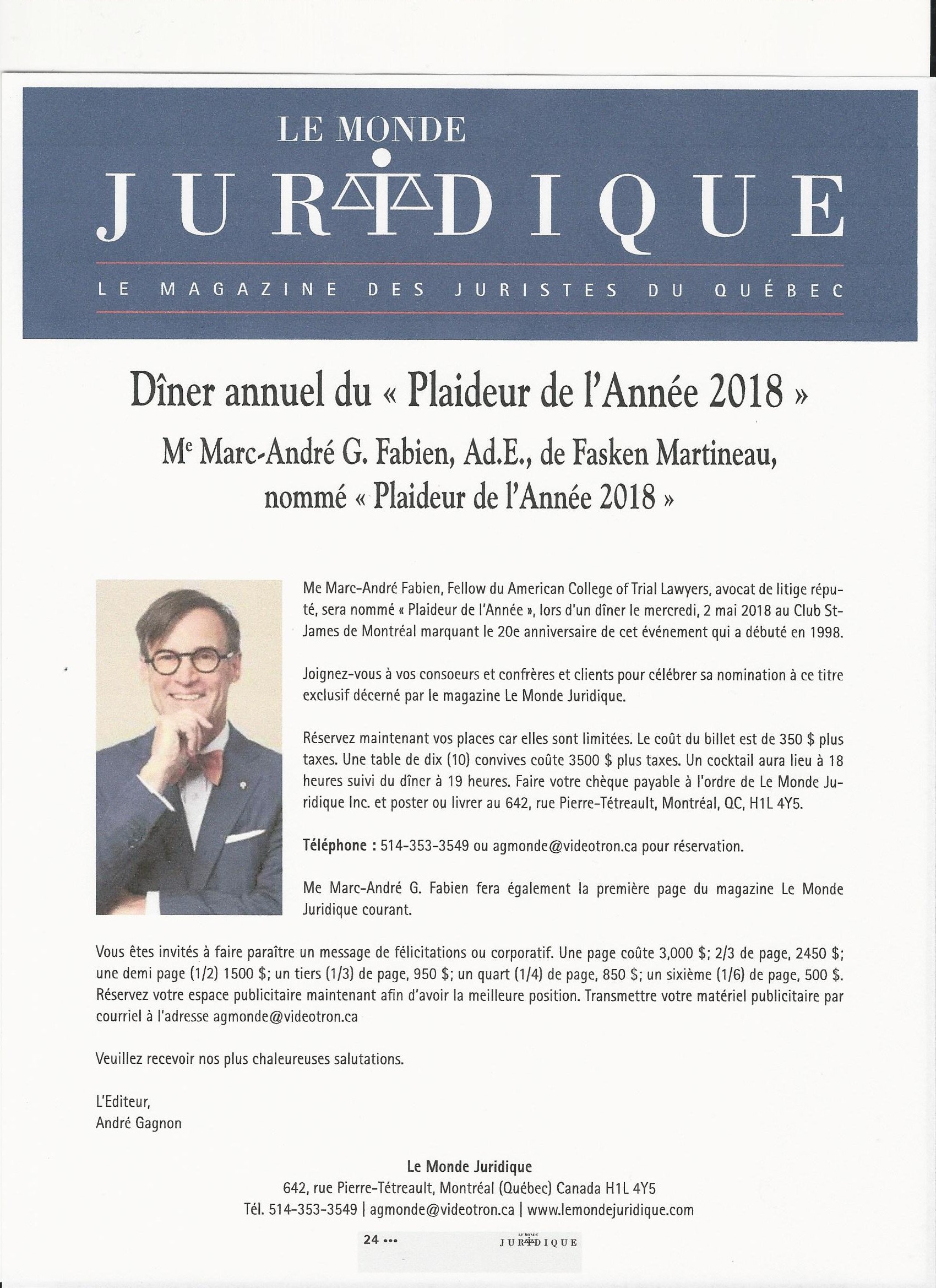 Dîner du Plaideur de l’annee 2018