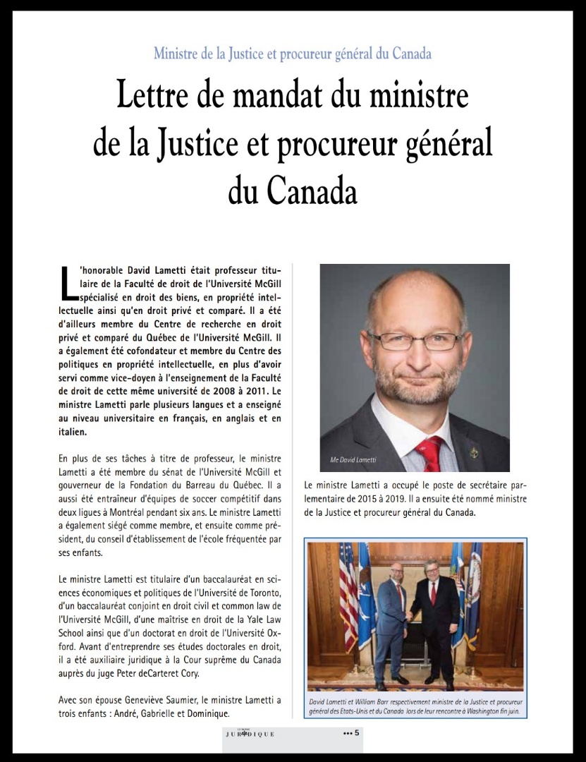 Lettre de mandat du ministre de la Justice et procureur général du Canada (12 novembre 2015)