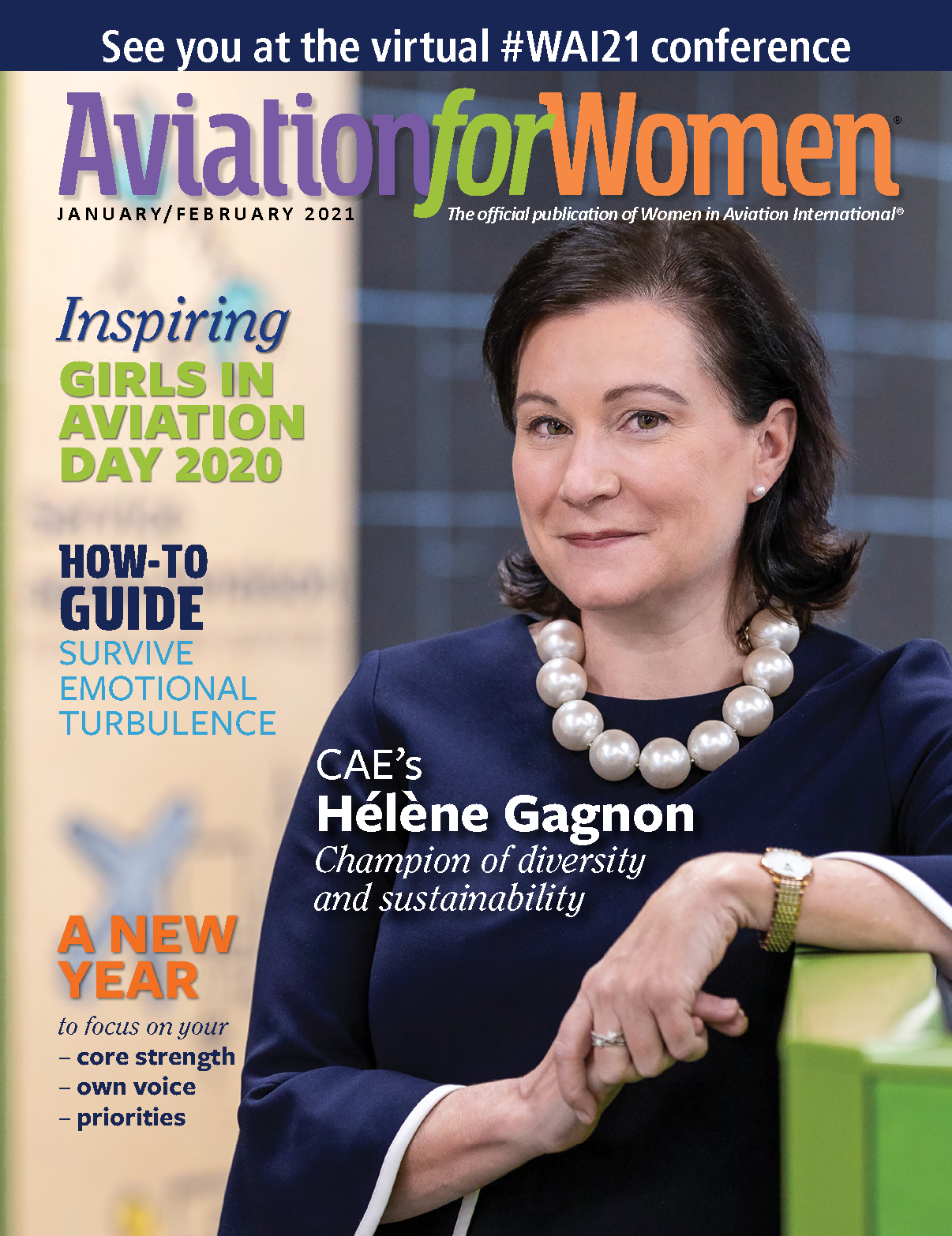 Hélène V. Gagnon, vice-présidente principale, Affaires Publiques, communications mondiales et responsabilité sociale d’entreprise, à la une du magazine Aviation For Women.