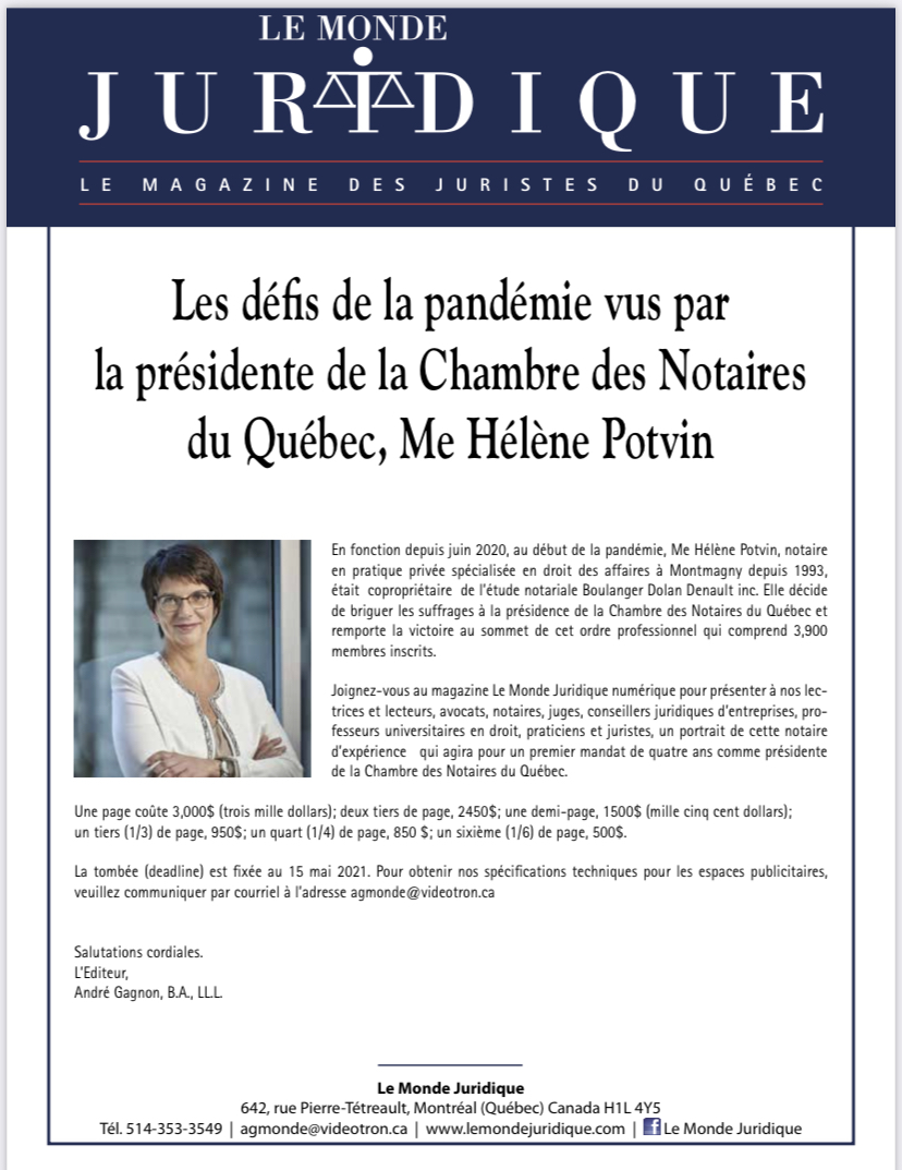 Les défis de la pandémie vus par la présidente de la Chambre des Notaires du Québec, Me Hélène Potvin