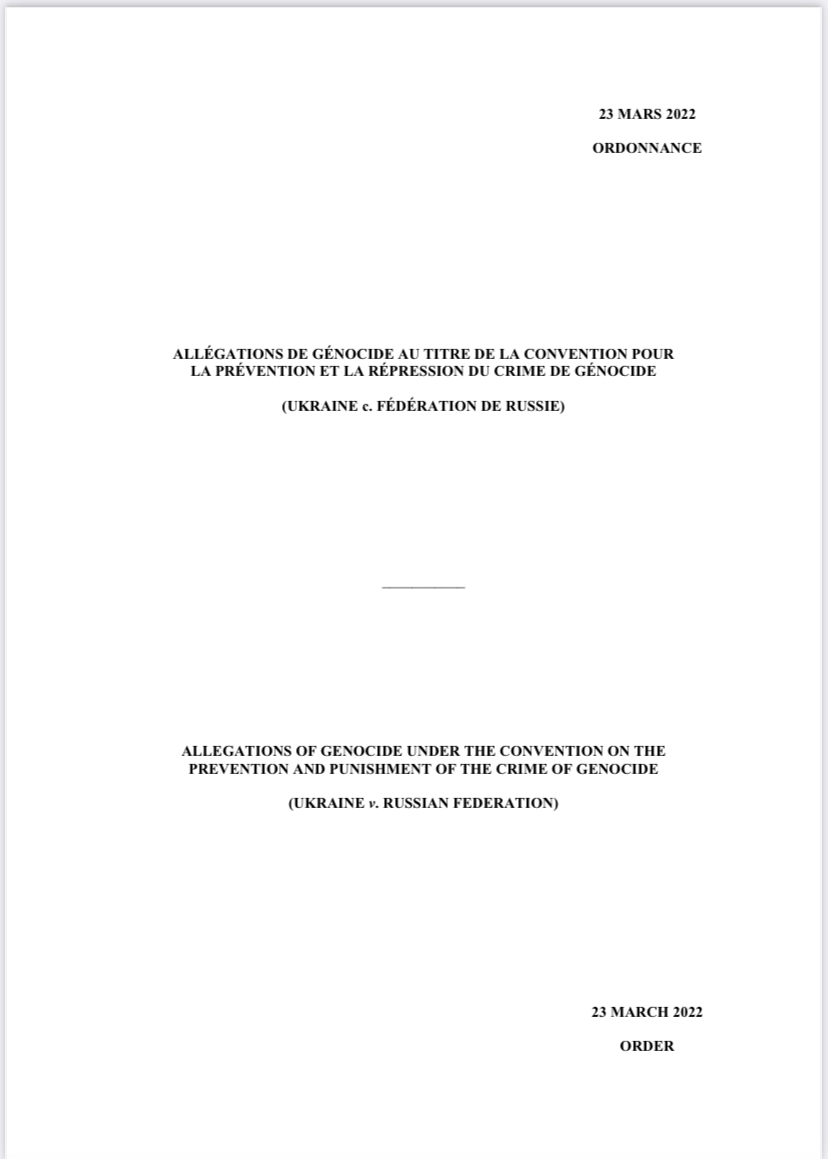 ALLÉGATIONS DE GÉNOCIDE AU TITRE DE LA CONVENTION POUR LA PRÉVENTION ET LA RÉPRESSION DU CRIME DE GÉNOCIDE (UKRAINE c. FÉDÉRATION DE RUSSIE)