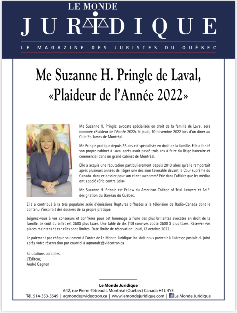 Me Suzanne H. Pringle de Laval, «Plaideur de l’Année 2022»