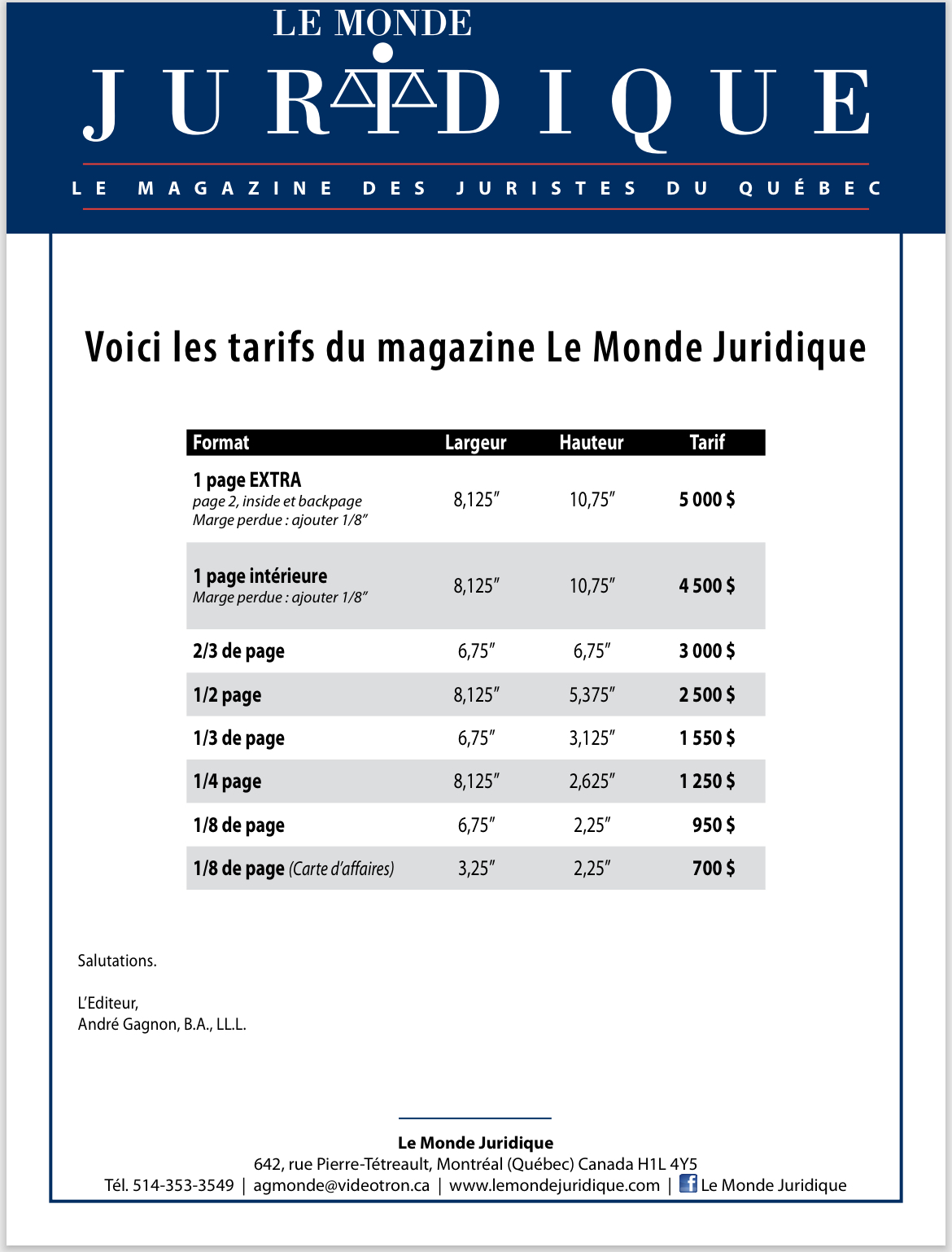 Nouveaux tarifs publicitaires de Le Monde Juridique